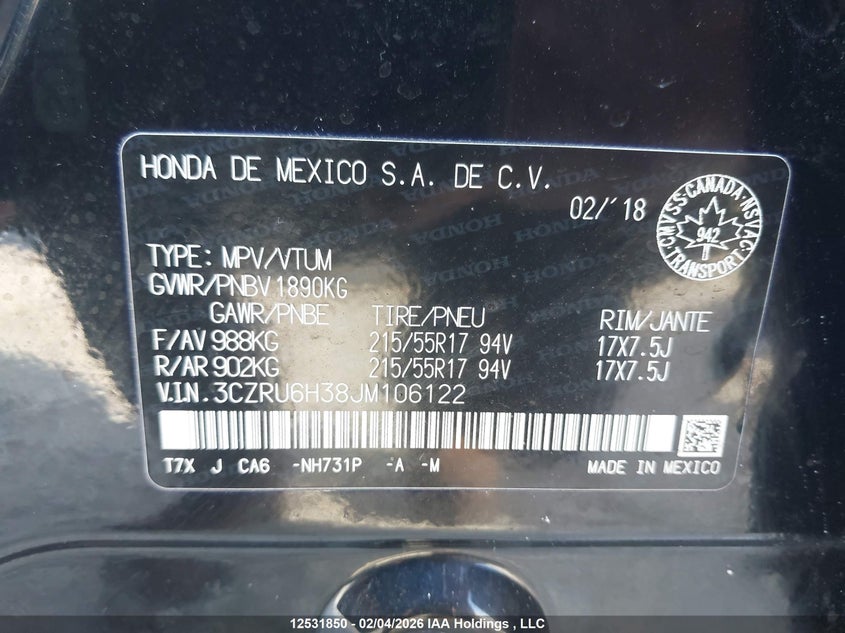 2018 Honda Hr-V VIN: 3CZRU6H38JM106122 Lot: 12531850