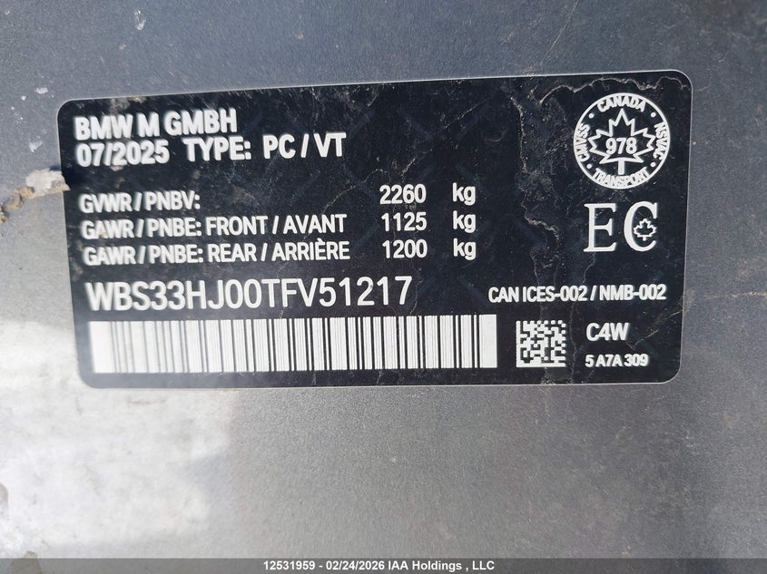 2026 BMW M3 Competition VIN: WBS33HJ00TFV51217 Lot: 12531959