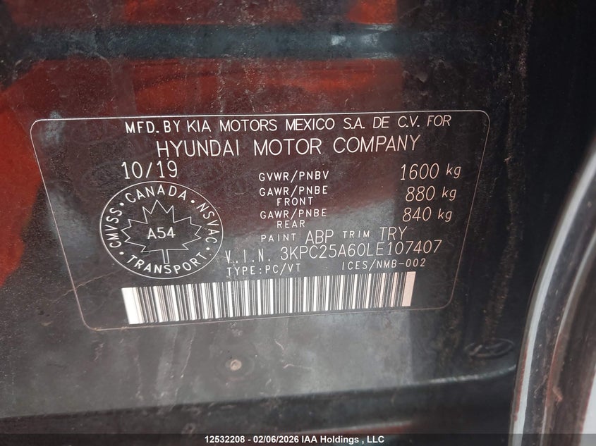 2020 Hyundai Accent Se/Sel VIN: 3KPC25A60LE107407 Lot: 12532208