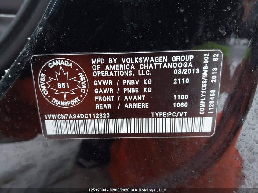 2013 Volkswagen Passat 2.0 Tdi Highline VIN: 1VWCN7A34DC112320 Lot: 12532394