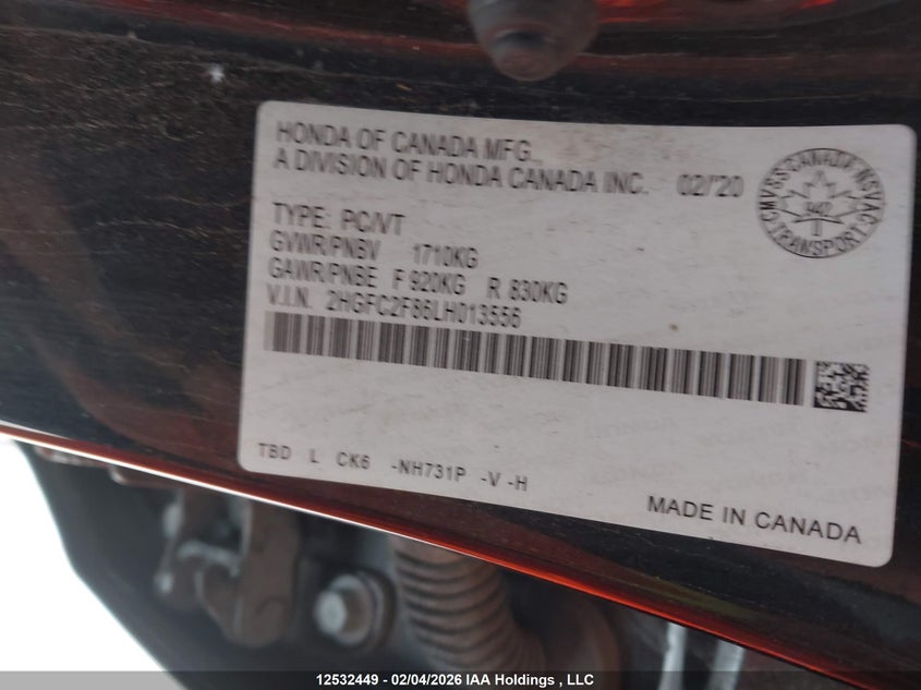 2020 Honda Civic Sedan VIN: 2HGFC2F86LH013556 Lot: 12532449