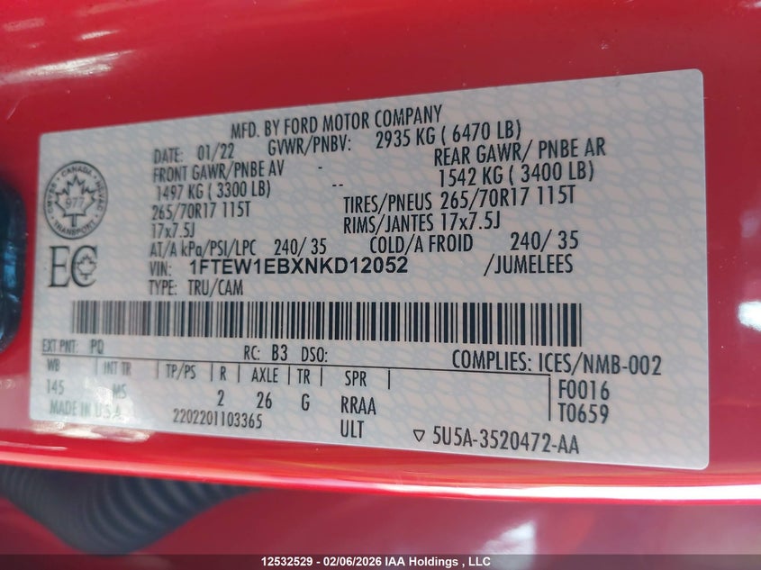 2022 Ford F150 Supercrew VIN: 1FTEW1EBXNKD12052 Lot: 12532529