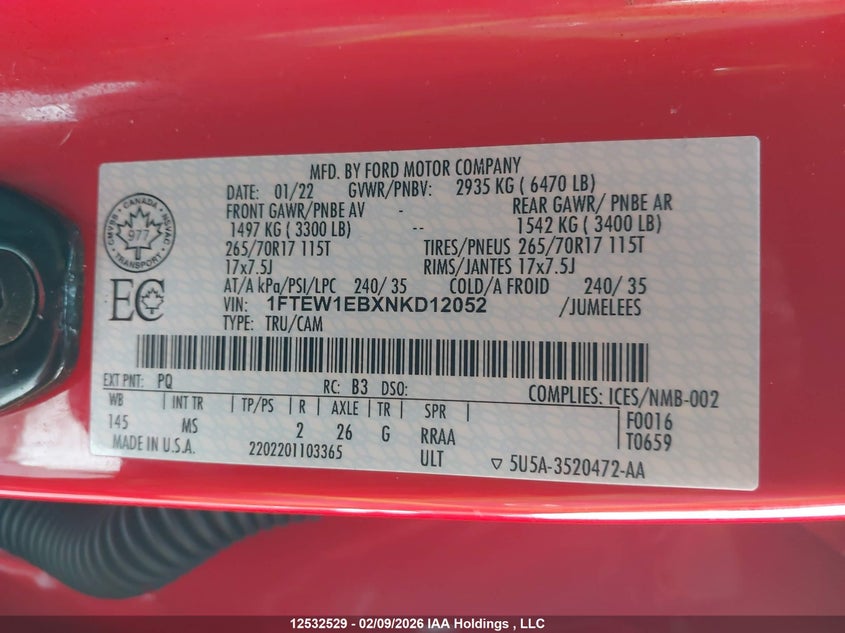 2022 Ford F150 Supercrew VIN: 1FTEW1EBXNKD12052 Lot: 12532529