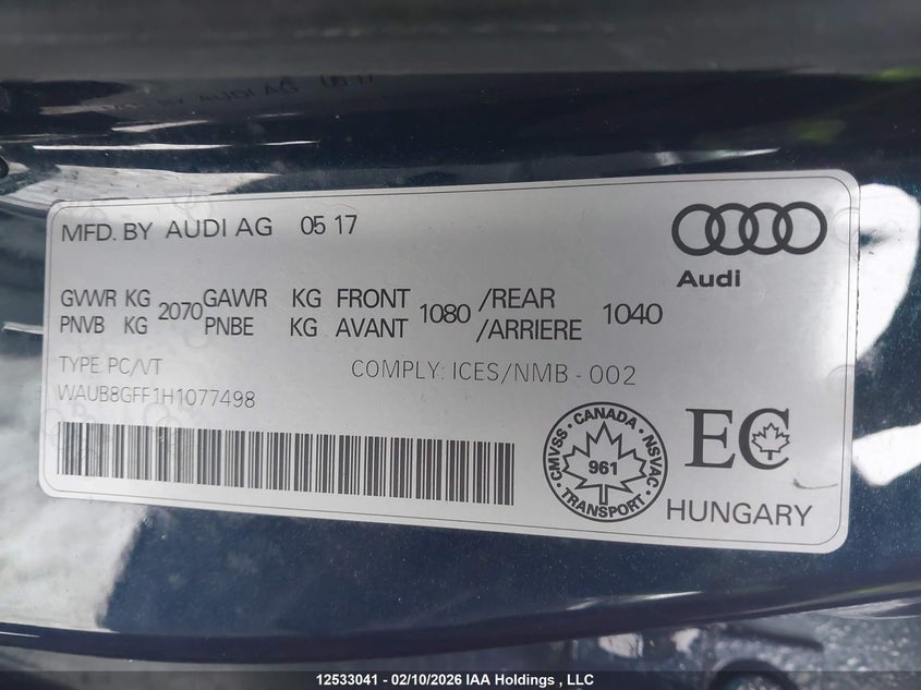 2017 Audi A3 VIN: WAUB8GFF1H1077498 Lot: 12533041