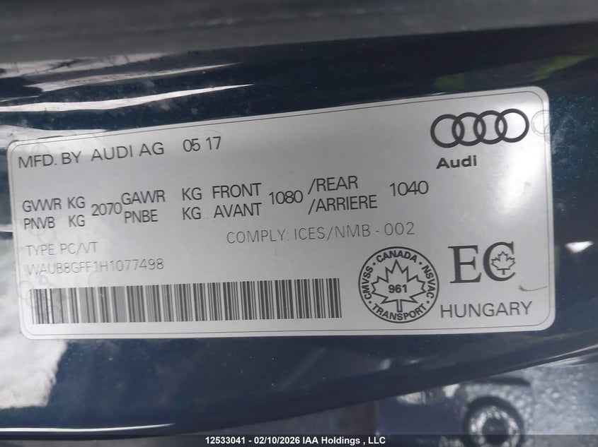 2017 Audi A3 VIN: WAUB8GFF1H1077498 Lot: 12533041