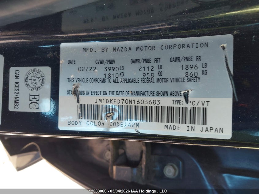 2022 Mazda Cx-3 Grand Touring VIN: JM1DKFD70N1603683 Lot: 12533066