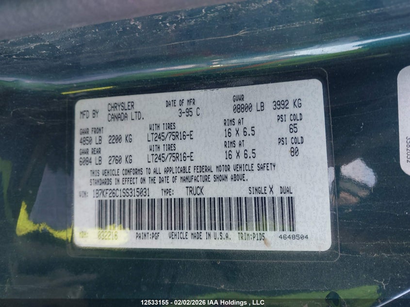 1995 Dodge Ram 2500 VIN: 1B7KF26C1SS315031 Lot: 12533155