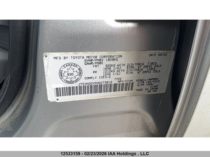 2003 Toyota Rav4 VIN: JTEHH20V936073819 Lot: 12533159