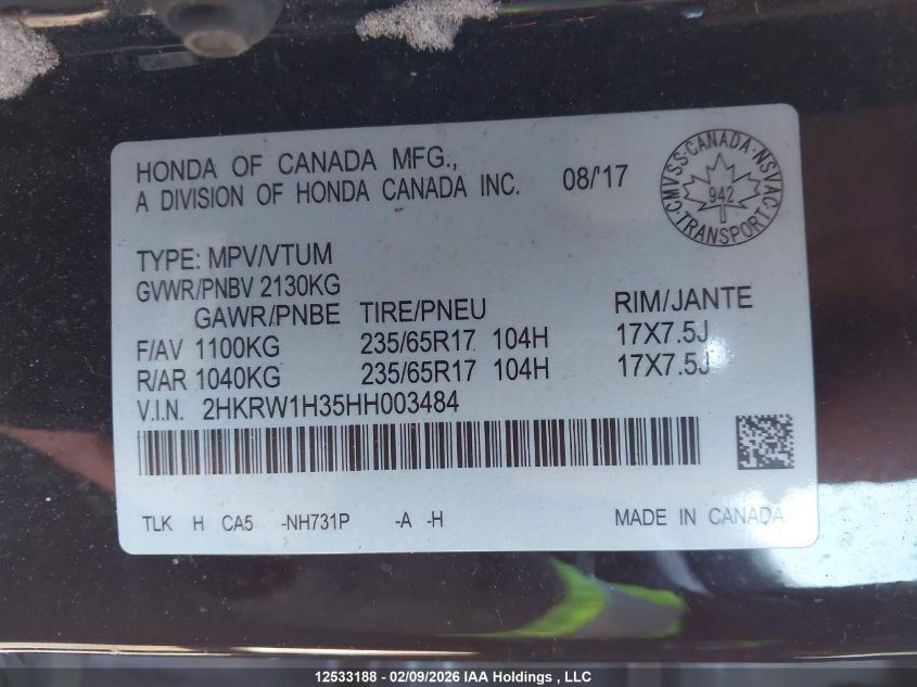 2017 Honda Cr-V Lx VIN: 2HKRW1H35HH003484 Lot: 12533188