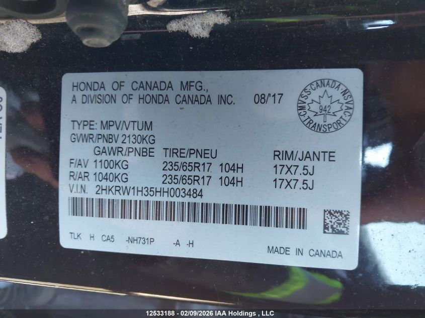2017 Honda Cr-V Lx VIN: 2HKRW1H35HH003484 Lot: 12533188
