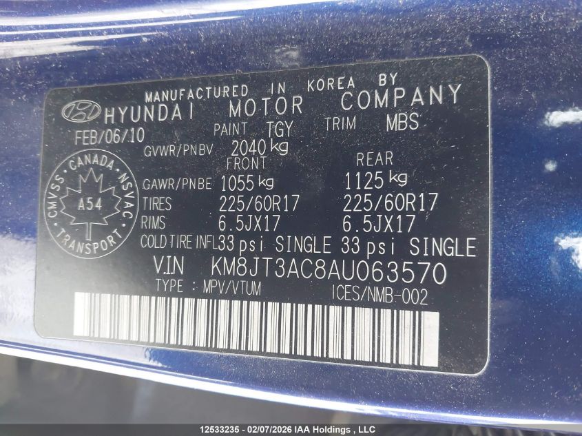 2010 Hyundai Tucson Gl VIN: KM8JT3AC8AU063570 Lot: 12533235