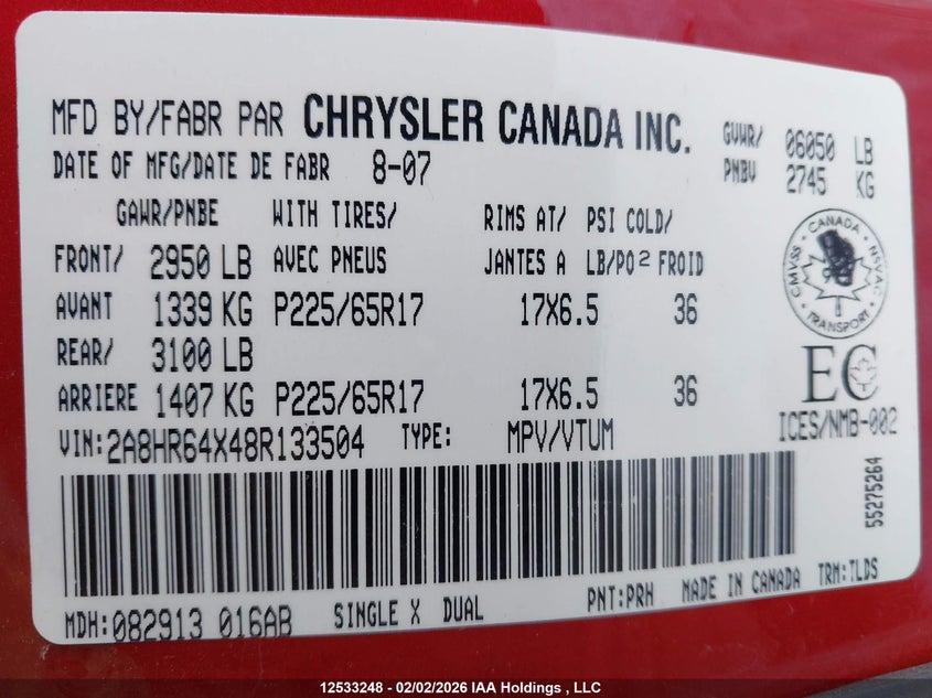 2008 Chrysler Town & Country Limited VIN: 2A8HR64X48R133504 Lot: 12533248