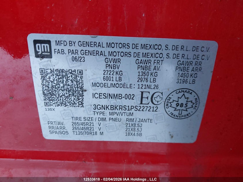 2023 Chevrolet Blazer Rs VIN: 3GNKBKRS1PS227212 Lot: 12533618