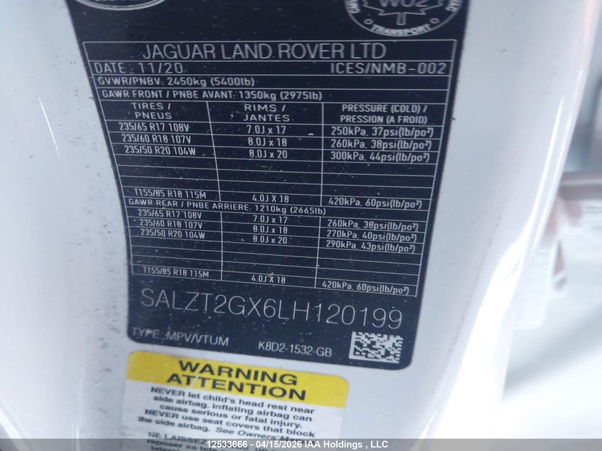 2020 Land Rover Range Rover Evoque S VIN: SALZT2GX6LH120199 Lot: 12533666