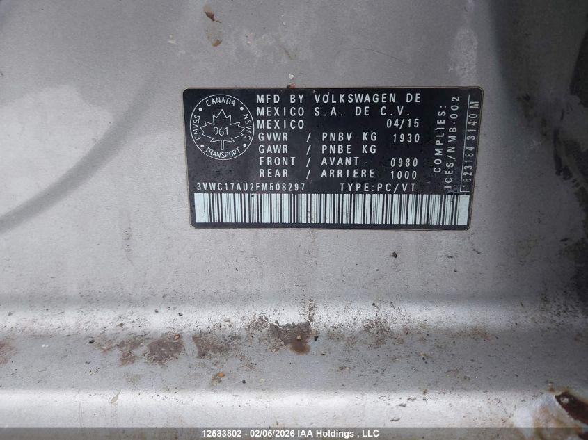 2015 Volkswagen Golf Sportwagon 1.8 Tsi Comfortline/1.8 Tsi Highline/1.8 Tsi Trendline VIN: 3VWC17AU2FM508297 Lot: 12533802