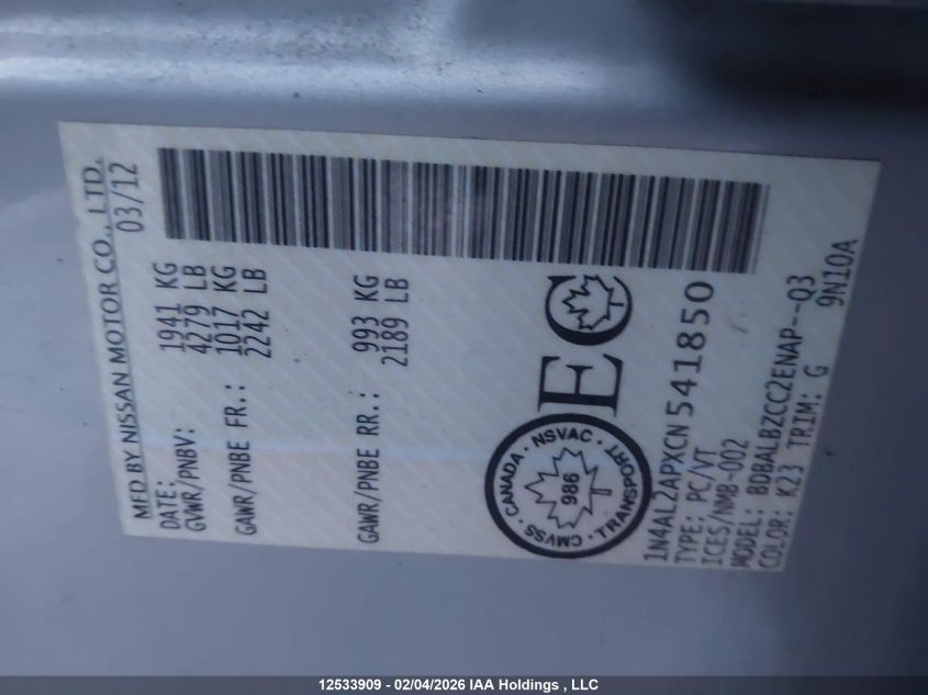 2012 Nissan Altima 2.5 S VIN: 1N4AL2APXCN541850 Lot: 12533909