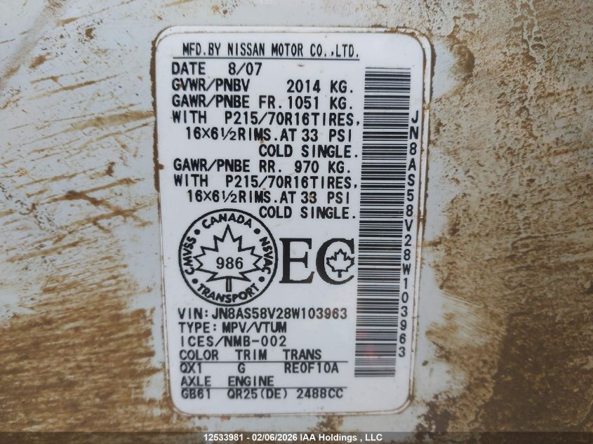 2008 Nissan Rogue S VIN: JN8AS58V28W103963 Lot: 12533981