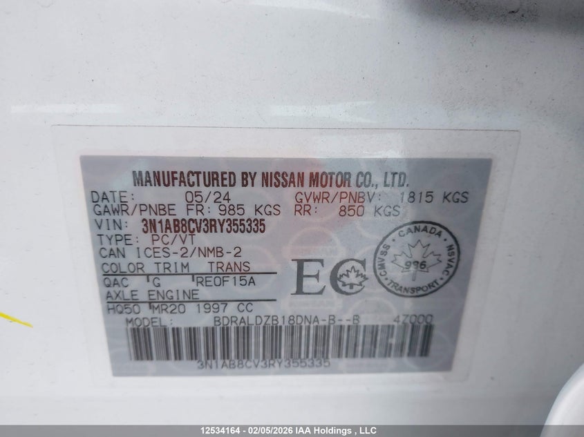 2024 Nissan Sentra Sv VIN: 3N1AB8CV3RY355335 Lot: 12534164