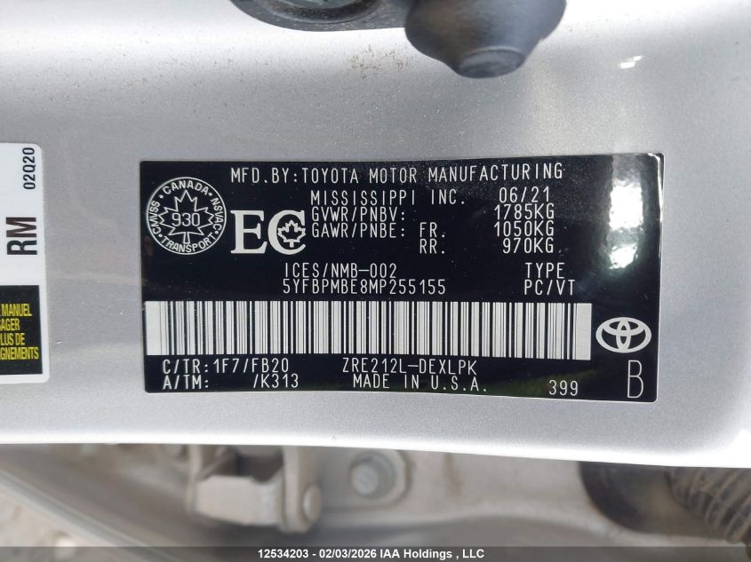 2021 Toyota Corolla Le VIN: 5YFBPMBE8MP255155 Lot: 12534203