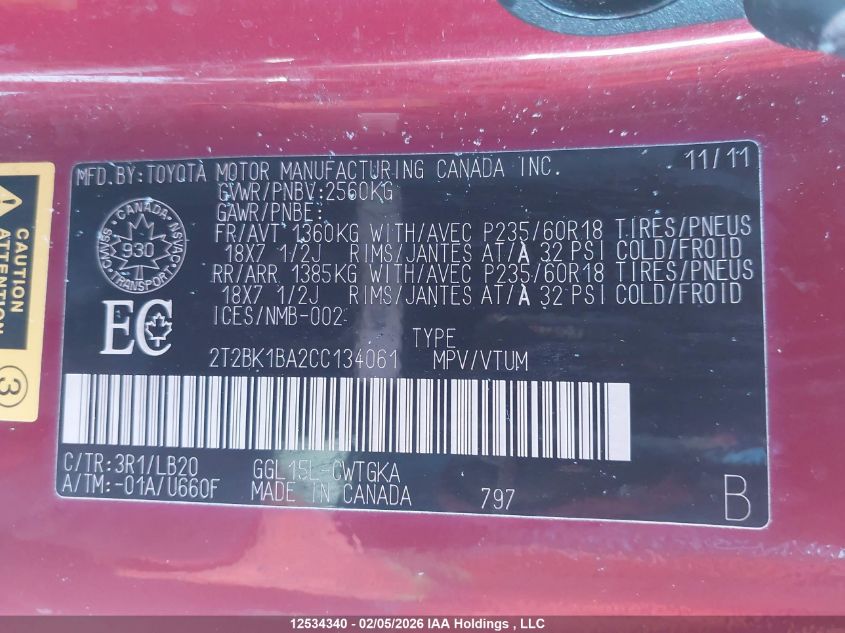 2012 Lexus Rx 350 VIN: 2T2BK1BA2CC134061 Lot: 12534340