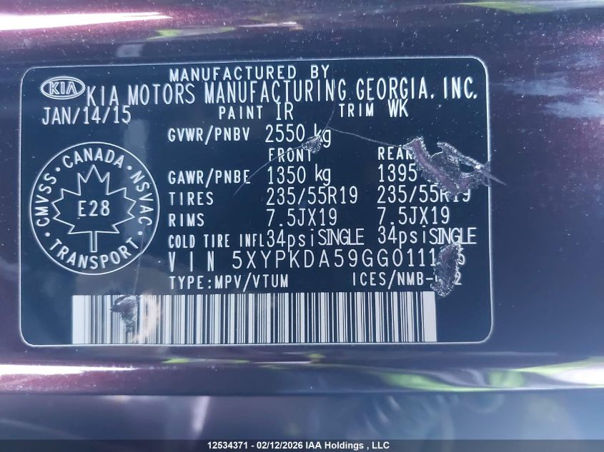 2016 Kia Sorento Sx/Sx Limited VIN: 5XYPKDA59GG011125 Lot: 12534371
