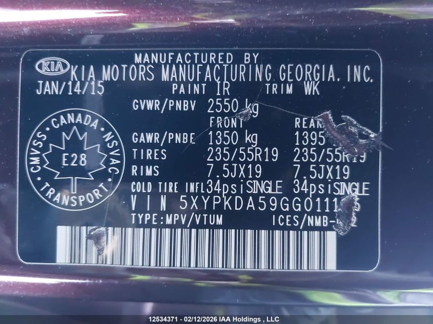 2016 Kia Sorento Sx/Sx Limited VIN: 5XYPKDA59GG011125 Lot: 12534371