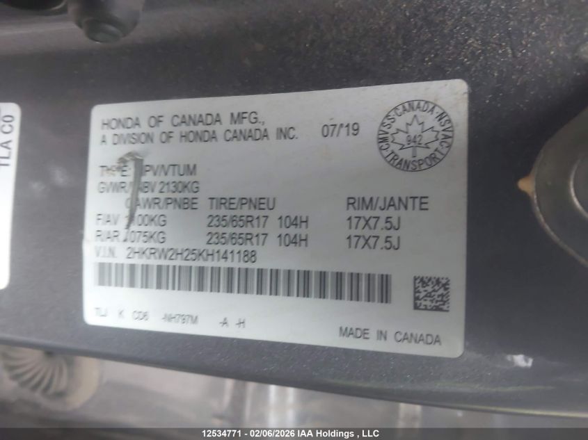 2019 Honda Cr-V Lx VIN: 2HKRW2H25KH141188 Lot: 12534771