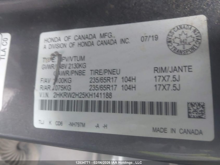 2019 Honda Cr-V Lx VIN: 2HKRW2H25KH141188 Lot: 12534771