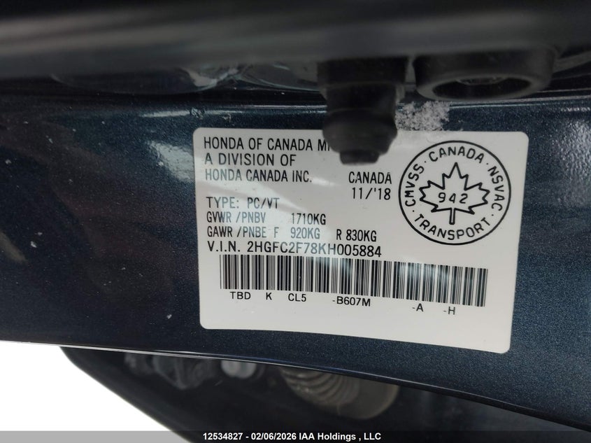 2019 Honda Civic VIN: 2HGFC2F78KH005884 Lot: 12534827