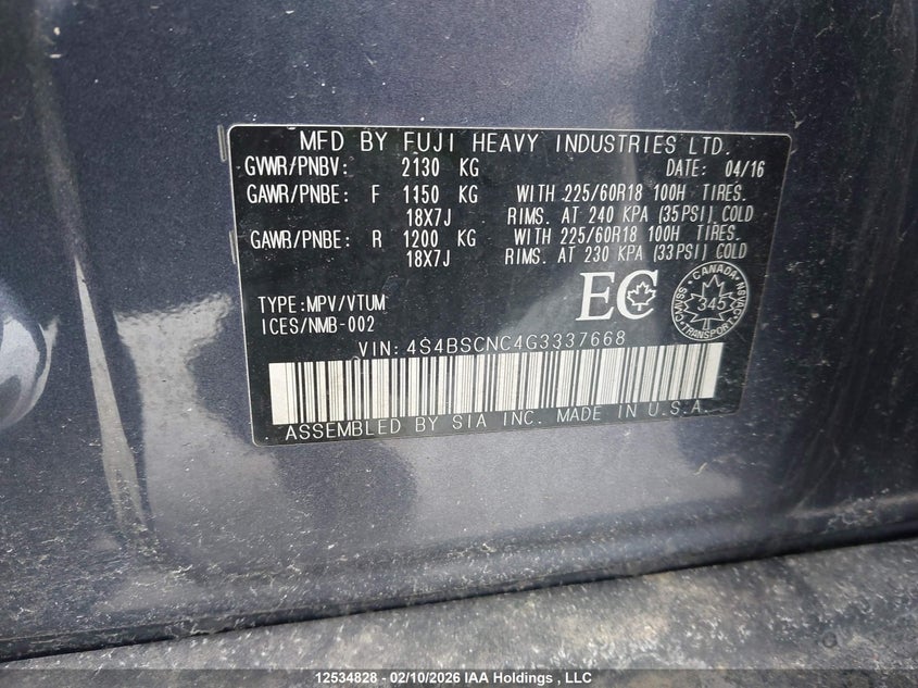 2016 Subaru Outback 2.5 2.5i Limited Package Grey Lot 111012534828 Vin 4S4BSCNC4G3337668