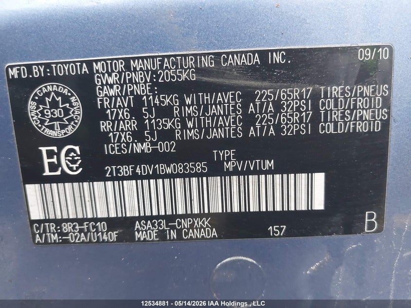 2011 Toyota Rav4 VIN: 2T3BF4DV1BW083585 Lot: 12534881