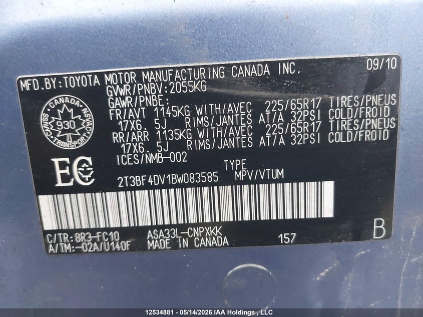 2011 Toyota Rav4 VIN: 2T3BF4DV1BW083585 Lot: 12534881