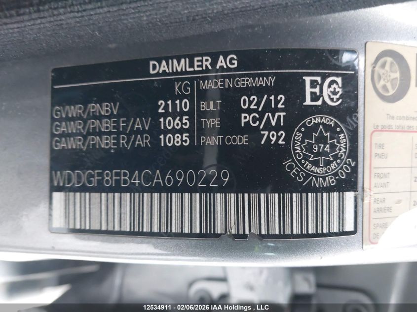 2012 Mercedes-Benz C 250 4Matic VIN: WDDGF8FB4CA690229 Lot: 12534911