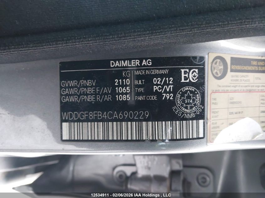 2012 Mercedes-Benz C 250 4Matic VIN: WDDGF8FB4CA690229 Lot: 12534911