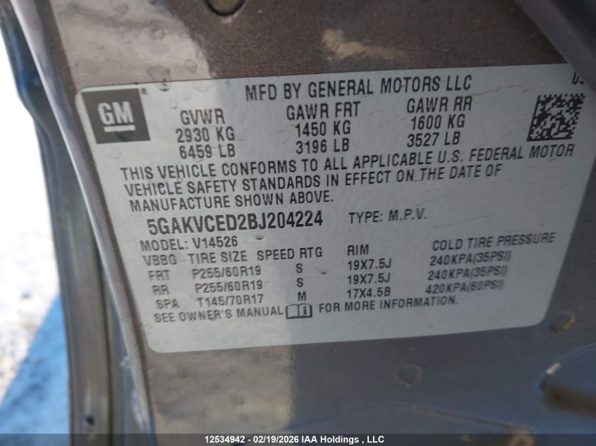 2011 Buick Enclave 2Xl VIN: 5GAKVCED2BJ204224 Lot: 12534942