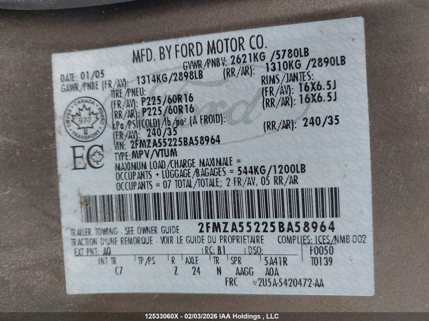 2005 VIN: 2FMZA55225BA58964 Lot: 12533060X