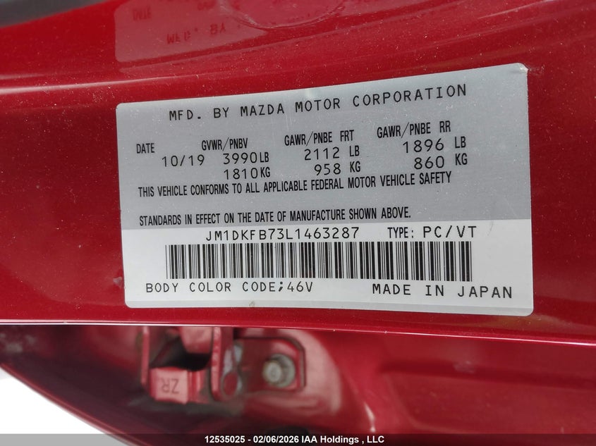 2020 Mazda Cx-3 VIN: JM1DKFB73L1463287 Lot: 12535025