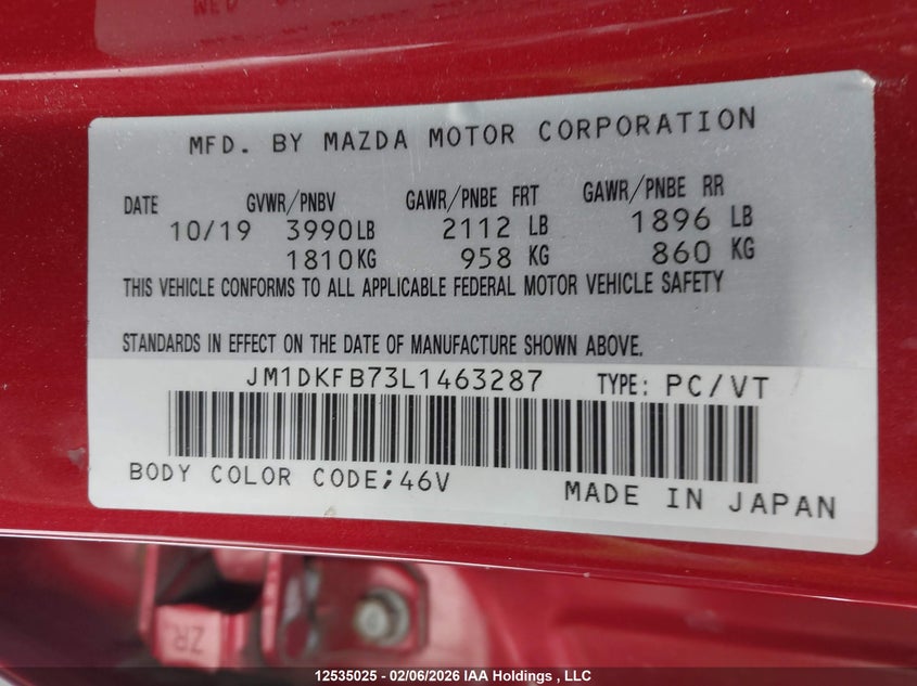 2020 Mazda Cx-3 VIN: JM1DKFB73L1463287 Lot: 12535025