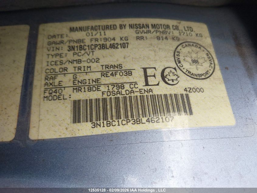 2011 Nissan Versa S/Sl VIN: 3N1BC1CP3BL462107 Lot: 12535128