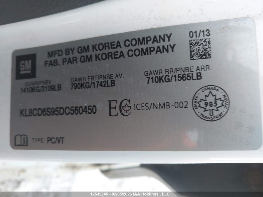 2013 Chevrolet Spark 1Lt Auto VIN: KL8CD6S95DC560450 Lot: 12535245