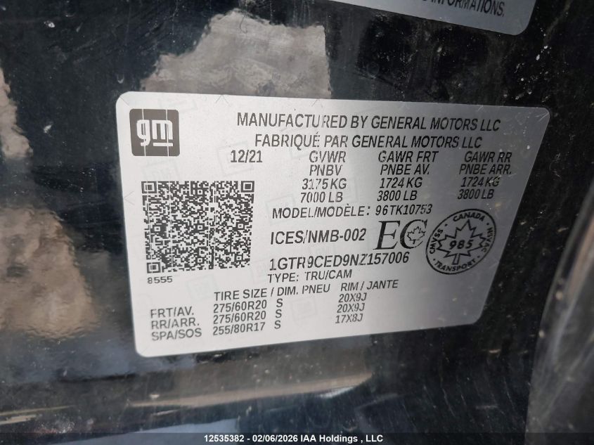 2022 GMC Sierra 1500 Limited Elevation VIN: 1GTR9CED9NZ157006 Lot: 12535382