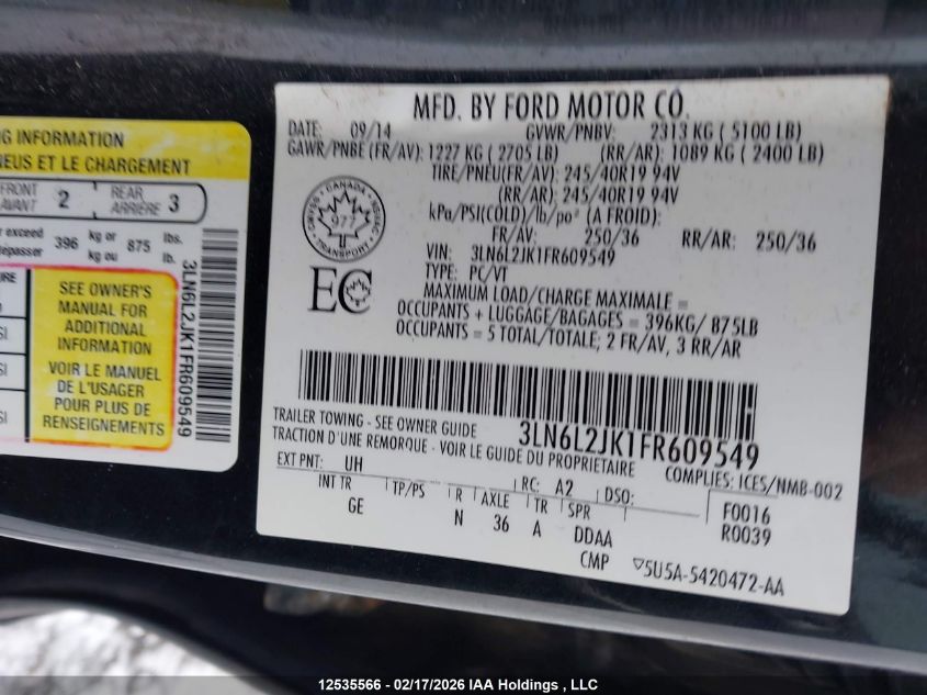 2015 Lincoln Mkz VIN: 3LN6L2JK1FR609549 Lot: 12535566