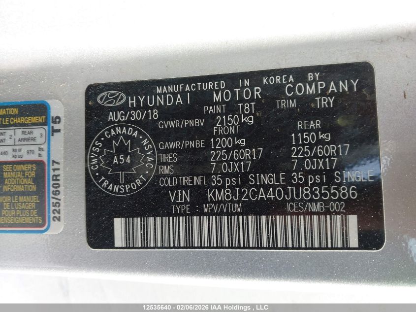 2018 Hyundai Tucson Se VIN: KM8J2CA40JU835586 Lot: 12535640