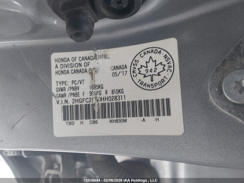 2017 Honda Civic Lx VIN: 2HGFC2F50HH028311 Lot: 12535684
