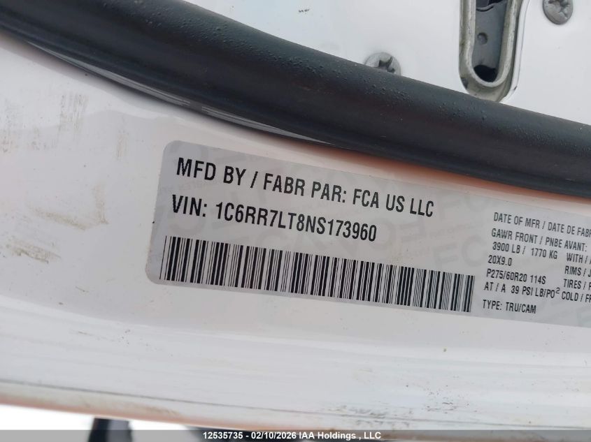 2022 Dodge Ram 1500 VIN: 1C6RR7LT8NS173960 Lot: 12535735