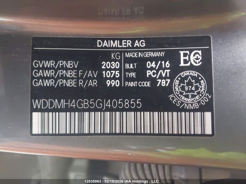 2016 Mercedes-Benz B 250 4Matic VIN: WDDMH4GB5GJ405855 Lot: 12535863