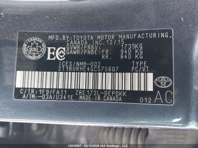 2016 Toyota Corolla L/Le/Le Pls/Prm/S/S Pls VIN: 2T1BURHE4GC575607 Lot: 12535887