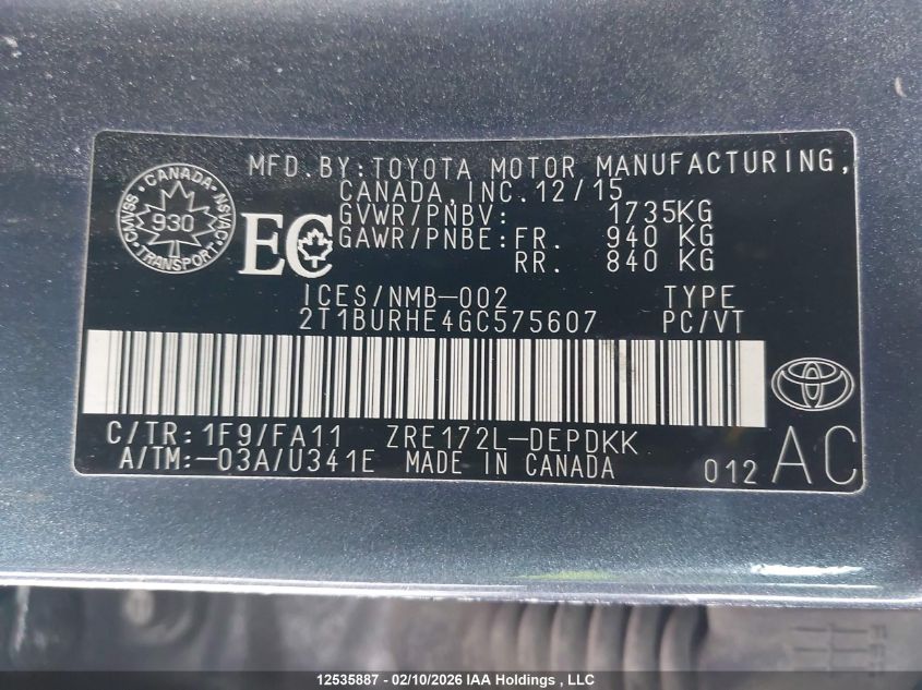 2016 Toyota Corolla L/Le/Le Pls/Prm/S/S Pls VIN: 2T1BURHE4GC575607 Lot: 12535887