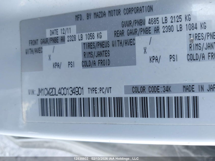 2012 Mazda 5 VIN: JM1CW2DL4C0134901 Lot: 12535933