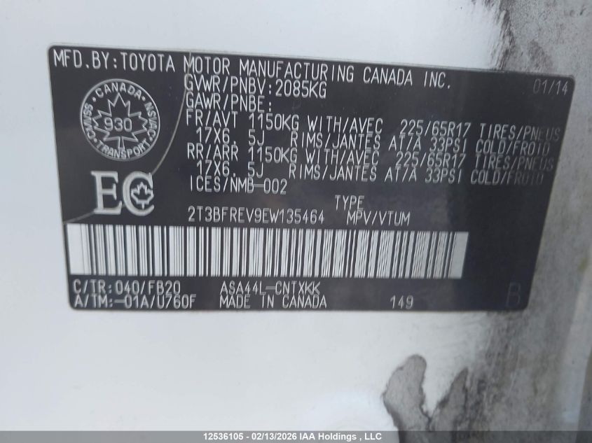 2014 Toyota Rav4 Le VIN: 2T3BFREV9EW135464 Lot: 12536105